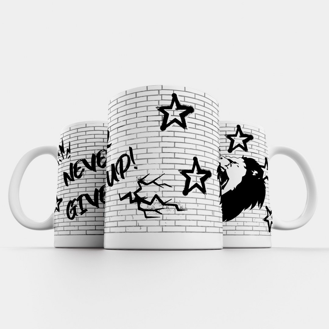Motivations-Tasse „Never give up!“ - Löwenmotiv - Kraftvolles Graffiti-Design – Bild 5