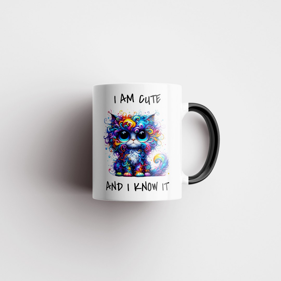 Farbenfrohe Katzen-Tasse – „I Am Cute And I Know It“ – Lustige Geschenkidee für Katzenliebhaber – Bild 4
