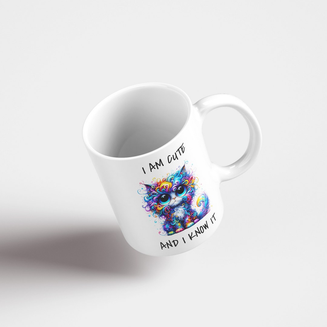Farbenfrohe Katzen-Tasse – „I Am Cute And I Know It“ – Lustige Geschenkidee für Katzenliebhaber – Bild 2