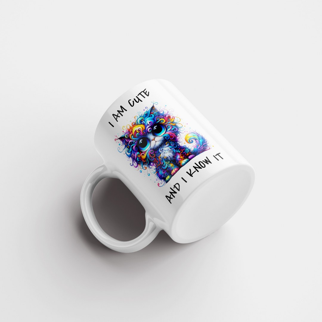 Farbenfrohe Katzen-Tasse – „I Am Cute And I Know It“ – Lustige Geschenkidee für Katzenliebhaber – Bild 3
