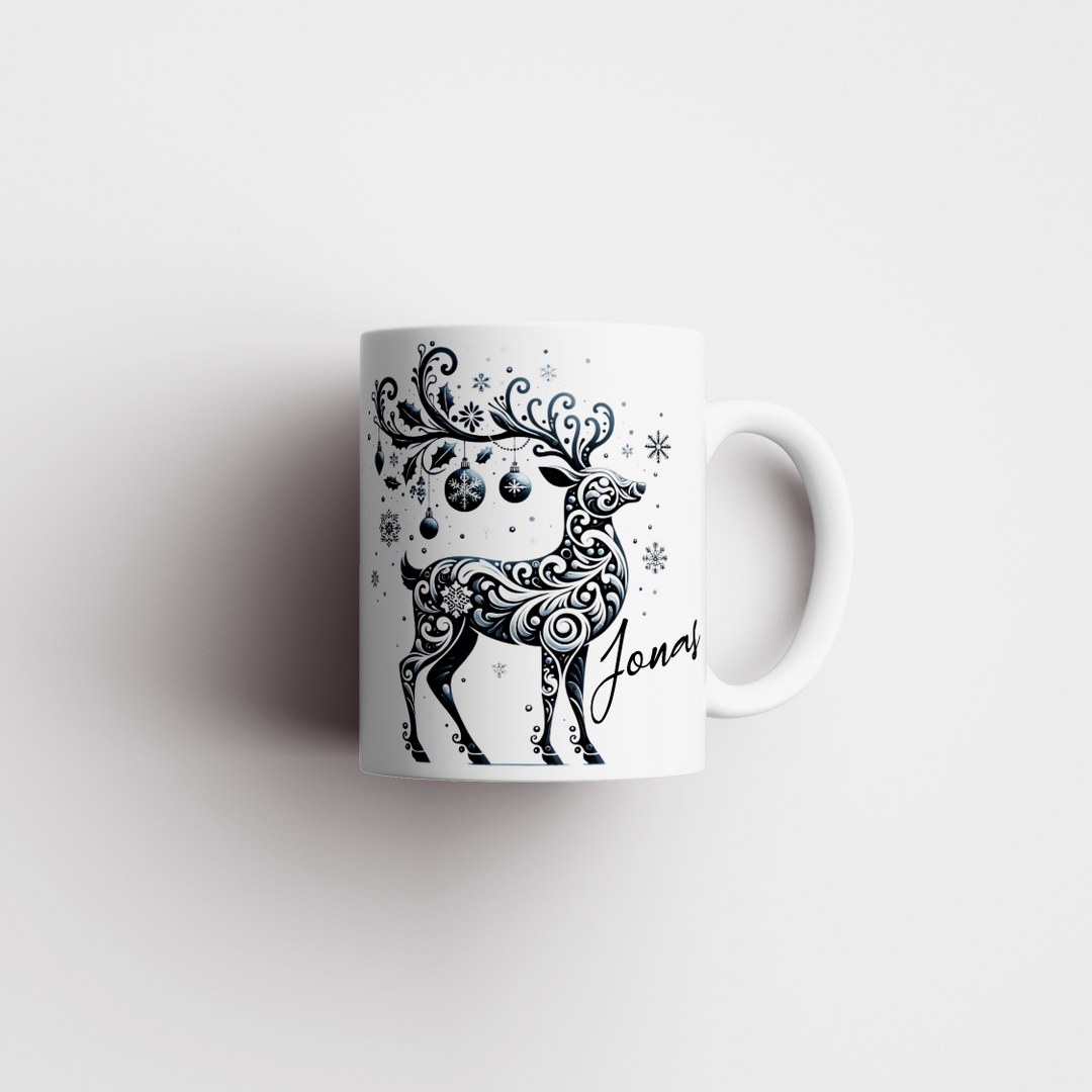 Personalisierte Weihnachtstasse mit Namen – Elegantes Schwarz-Weiss-Rentier – Bild 7