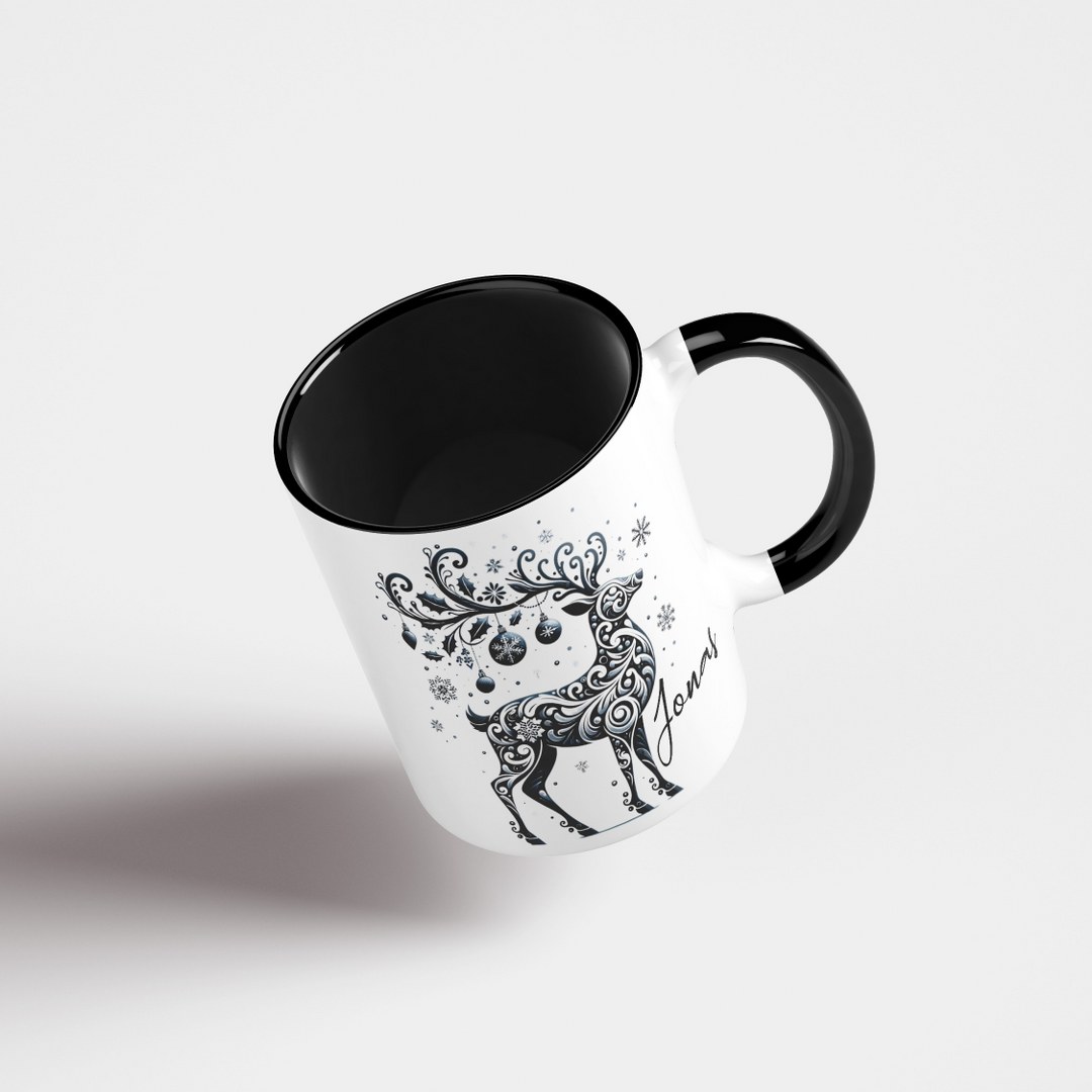 Personalisierte Weihnachtstasse mit Namen – Elegantes Schwarz-Weiss-Rentier – Bild 2