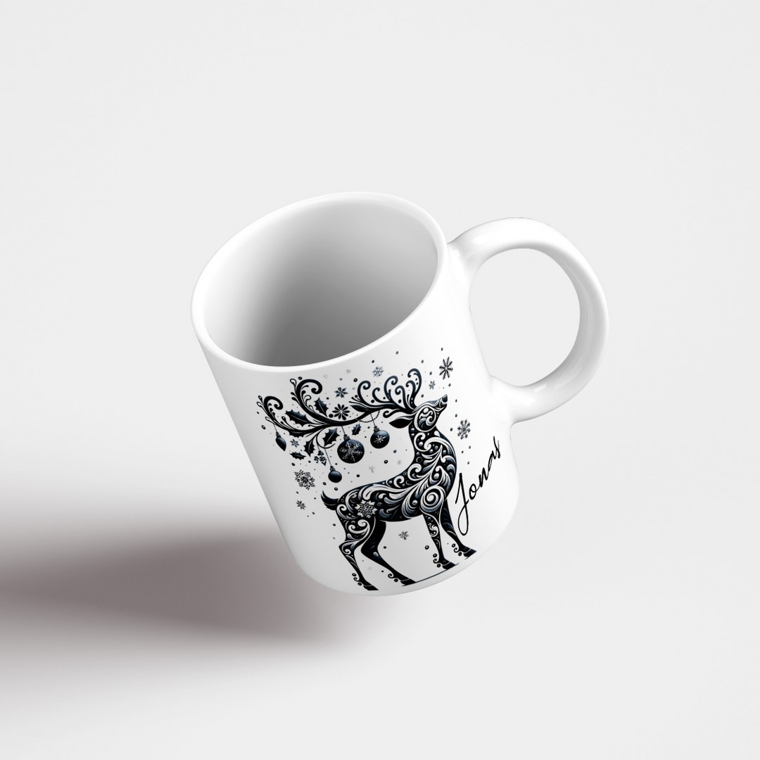 Personalisierte Weihnachtstasse mit Namen – Elegantes Schwarz-Weiss-Rentier – Bild 8