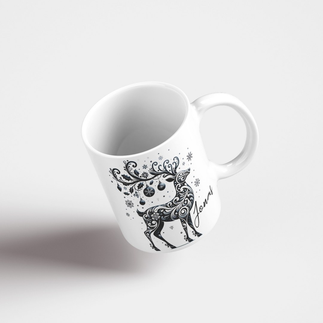 Personalisierte Weihnachtstasse mit Namen – Elegantes Schwarz-Weiss-Rentier – Bild 5
