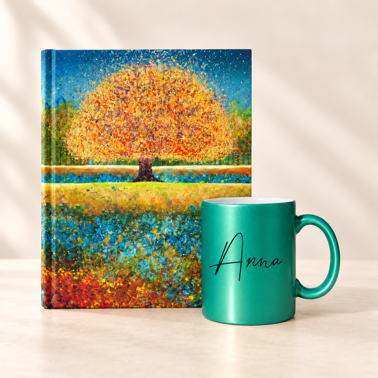 Geschenkset «Baum der Träume» – personalisierte Perlen-Tasse & Notizbuch – Bild 2