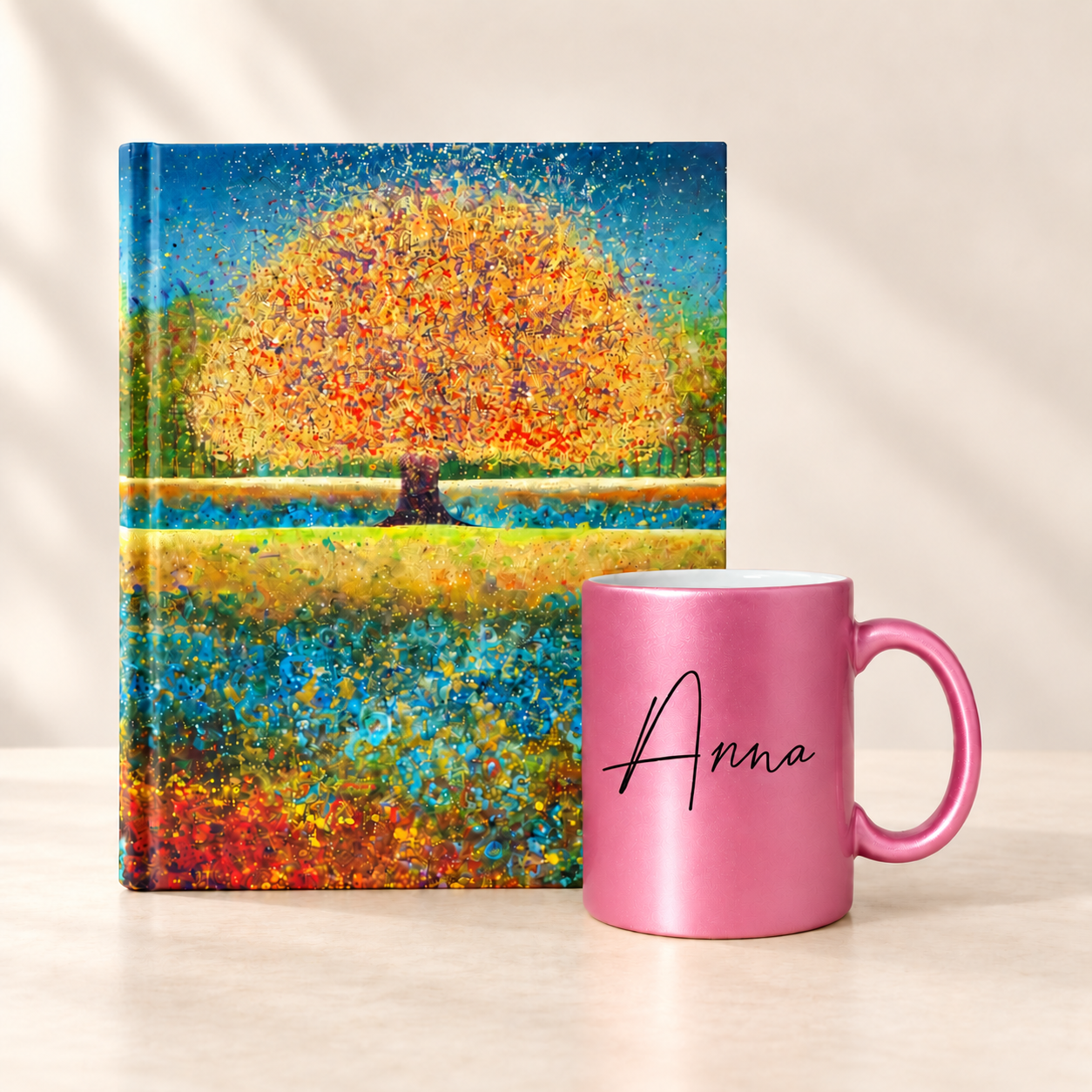 Geschenkset «Baum der Träume» – personalisierte Perlen-Tasse & Notizbuch – Bild 3