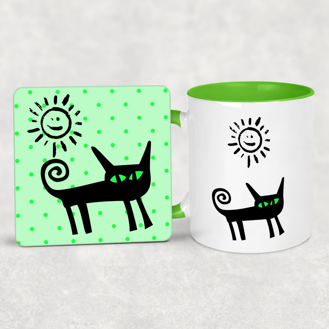 Geschenkset „Sunny Cat“ – Tasse & Untersetzer mit Katze – fröhliches Geschenk für Katzenliebhaber