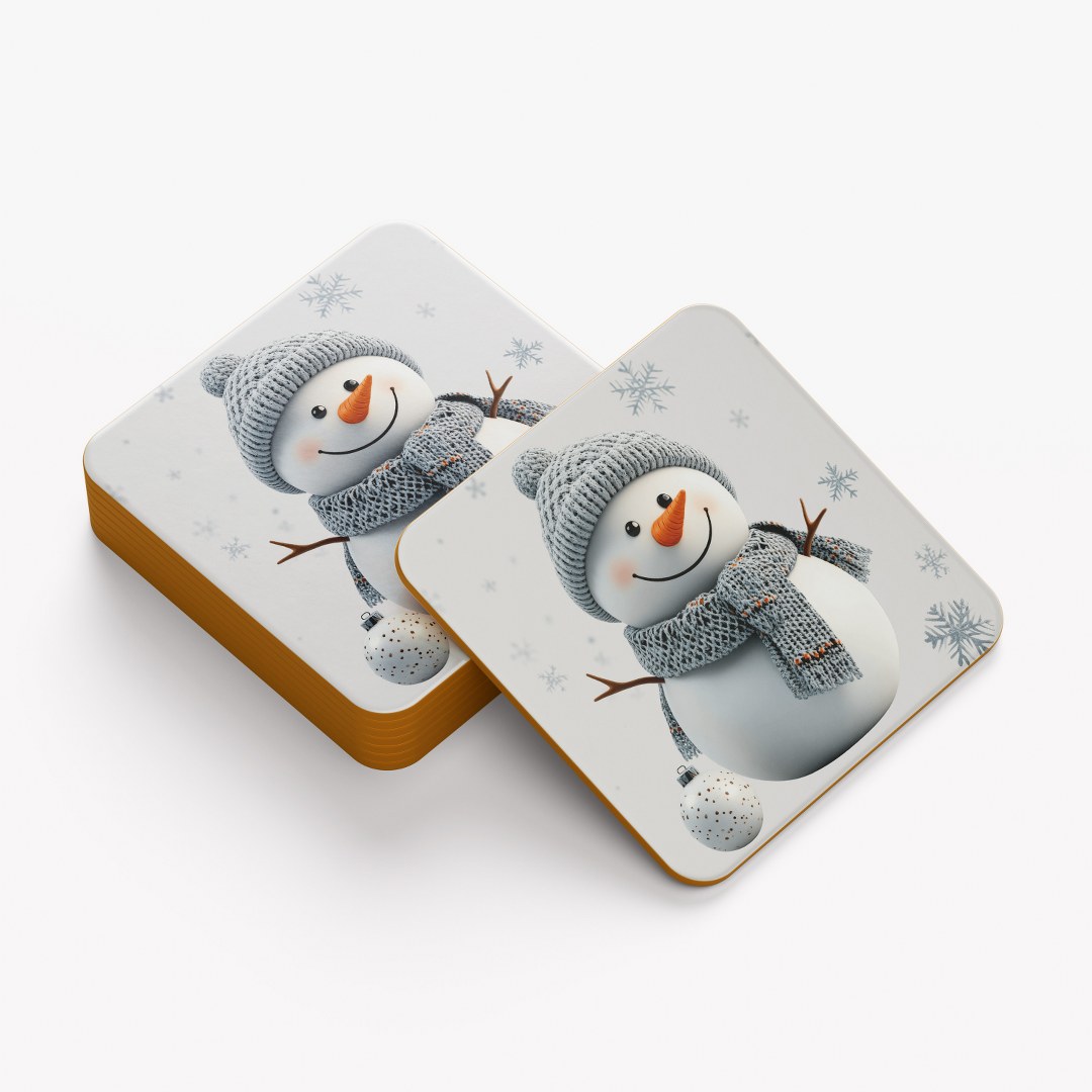 Tassen und Glasuntersetzer – Weihnachtsmotiv – Schneemann mit Mütze – quadratische Korkuntersetzer – wählbar 1–6 Stück – Bild 2