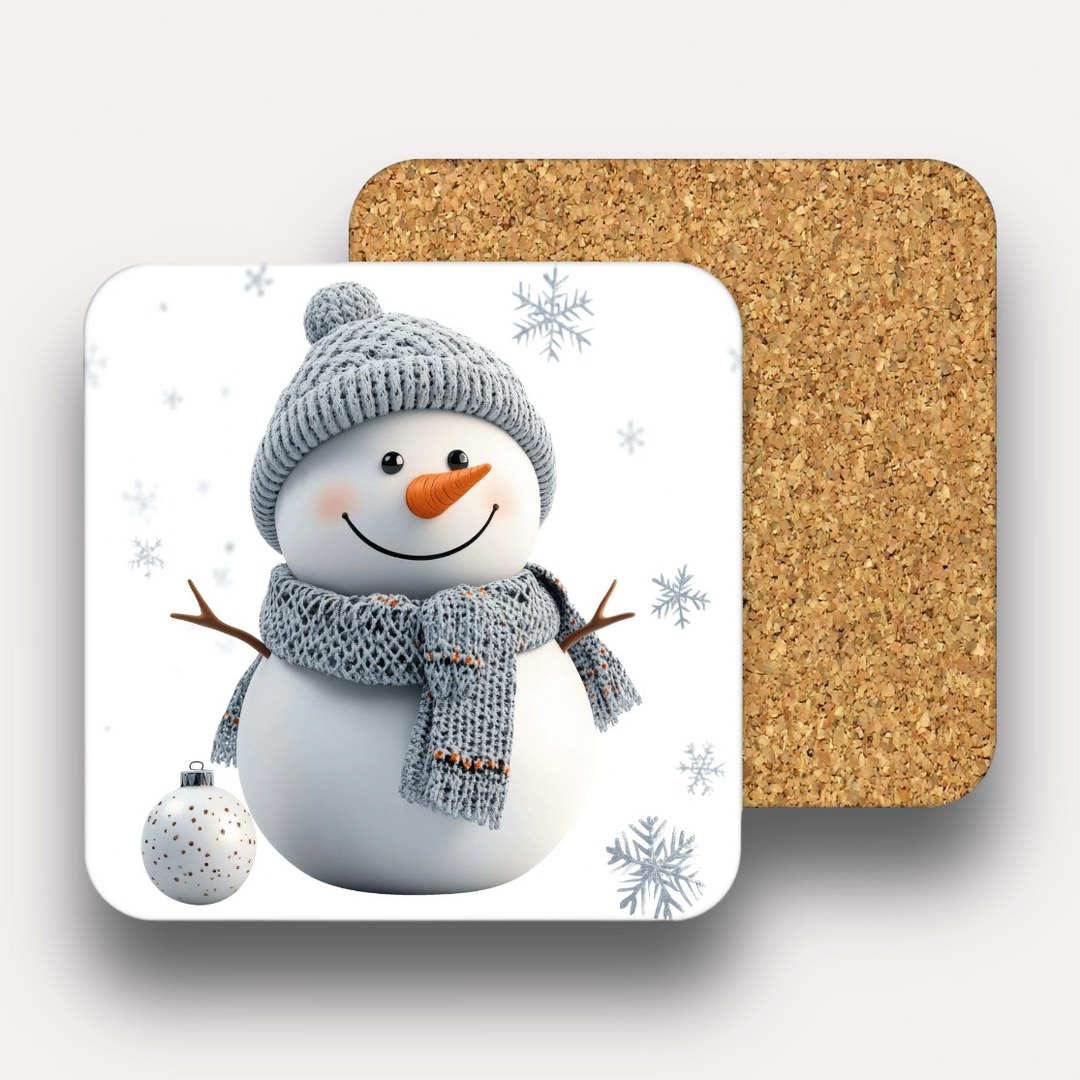 Tassen und Glasuntersetzer – Weihnachtsmotiv – Schneemann mit Mütze – quadratische Korkuntersetzer – wählbar 1–6 Stück – Bild 3