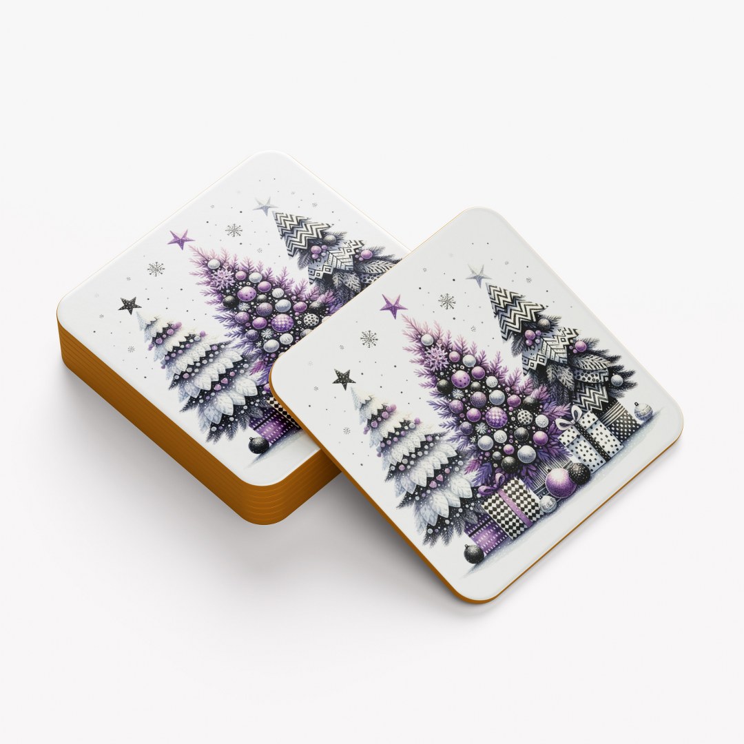 Tassen und Glasuntersetzer – Weihnachtsmotiv – elegante Tannenbäume in Violett & Silber – quadratische Korkuntersetzer – wählbar 1–6 Stück – Bild 2