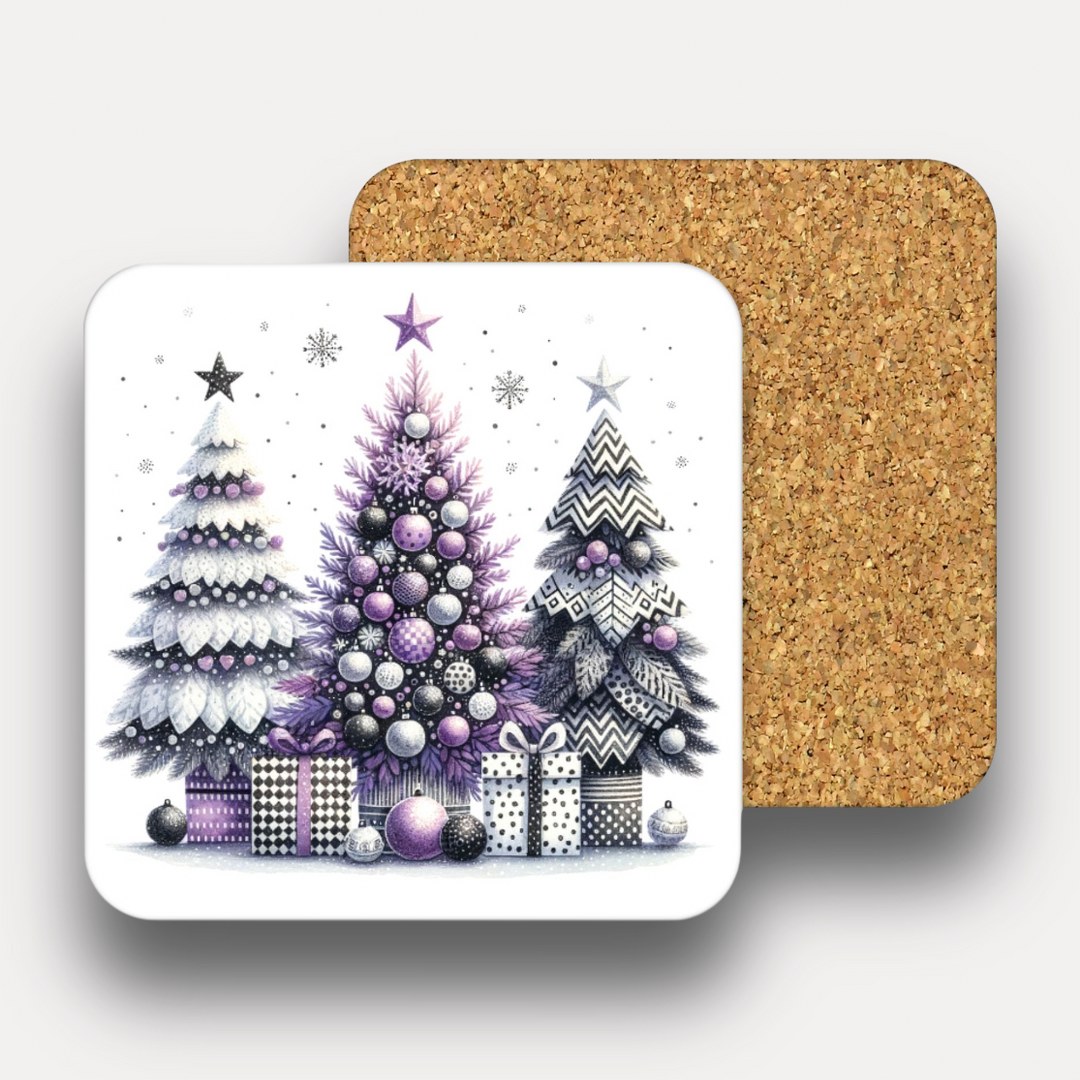 Tassen und Glasuntersetzer – Weihnachtsmotiv – elegante Tannenbäume in Violett & Silber – quadratische Korkuntersetzer – wählbar 1–6 Stück – Bild 3